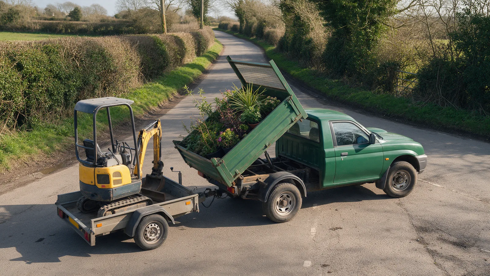 A green pickup truck loaded with plants towing a mini digger on a country lane in the Vale of Glamorgan
