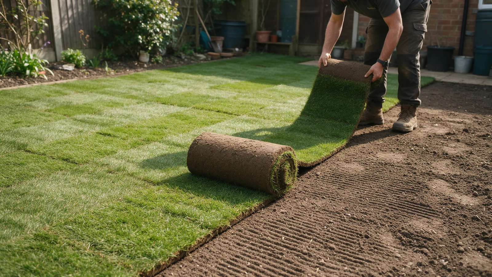 Fresh turf rolls being laid on raked prepared soil in a back garden