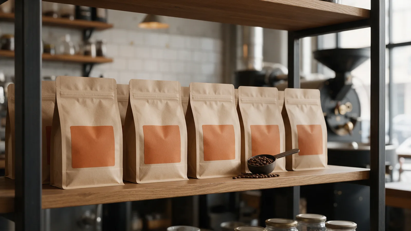 A row of kraft coffee bags with burnt-orange labels and a scoop of roasted beans on a wooden retail shelf