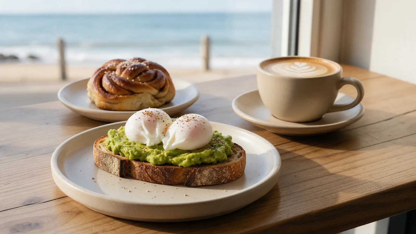 A café breakfast on a wooden table: sourdough toast with smashed avocado and poached eggs, a cardamom bun and a flat white