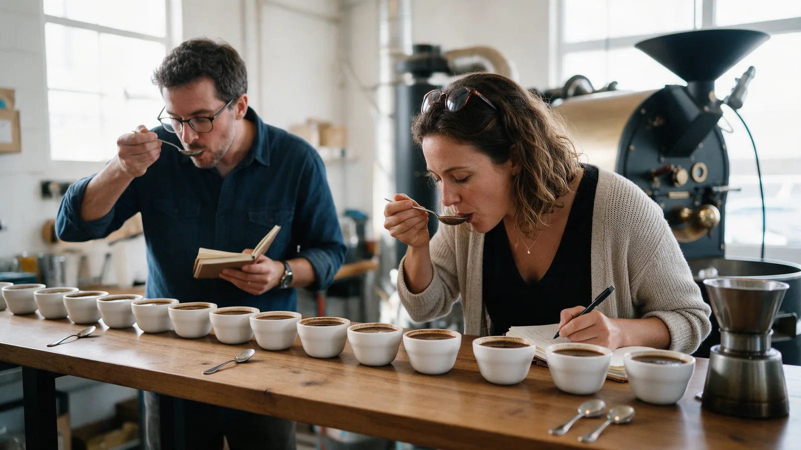 A coffee cupping: a row of cupping bowls on a wooden table, spoons, and two guests slurping and taking notes with the roaster