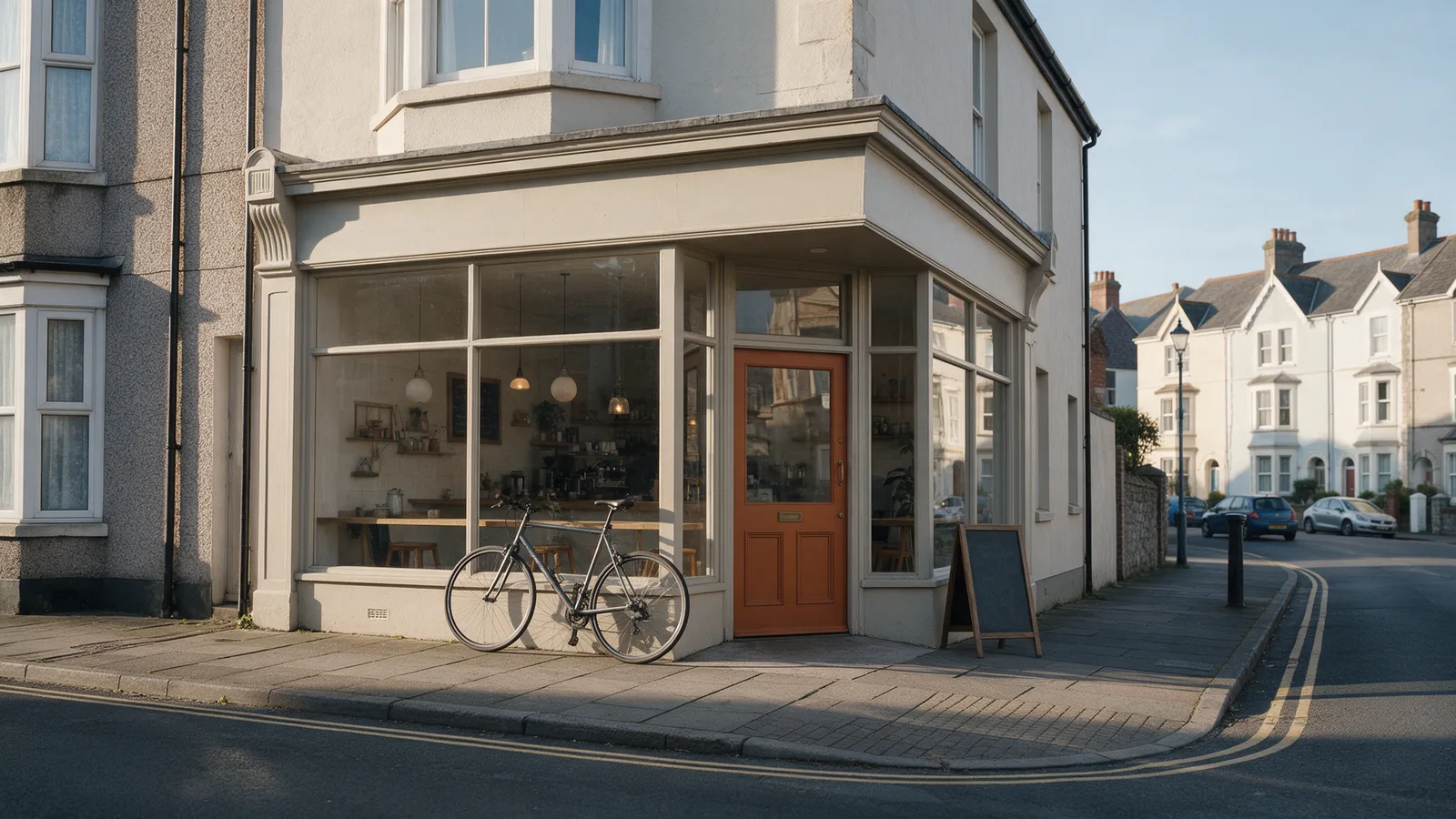 The café: a converted corner shop with an oat-painted frontage, a burnt-orange door, a bicycle outside and a chalkboard