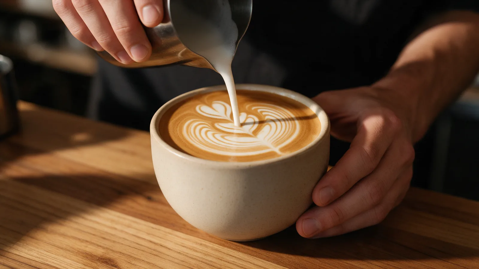 A barista pouring a rosetta of latte art into a wide oat-coloured ceramic cup on a wooden counter