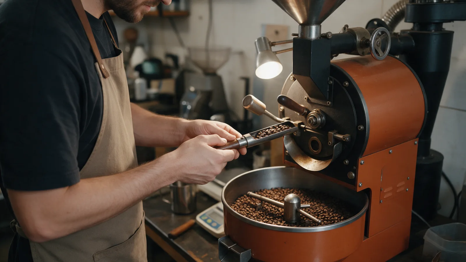 A coffee roaster in an apron checking beans from the trier of a small burnt-orange drum roaster, roasted beans in the cooling tray