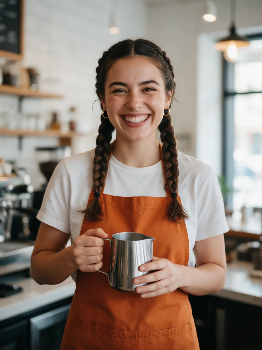 Amara Osei, a young barista with braids and a burnt-orange apron, holding a milk jug