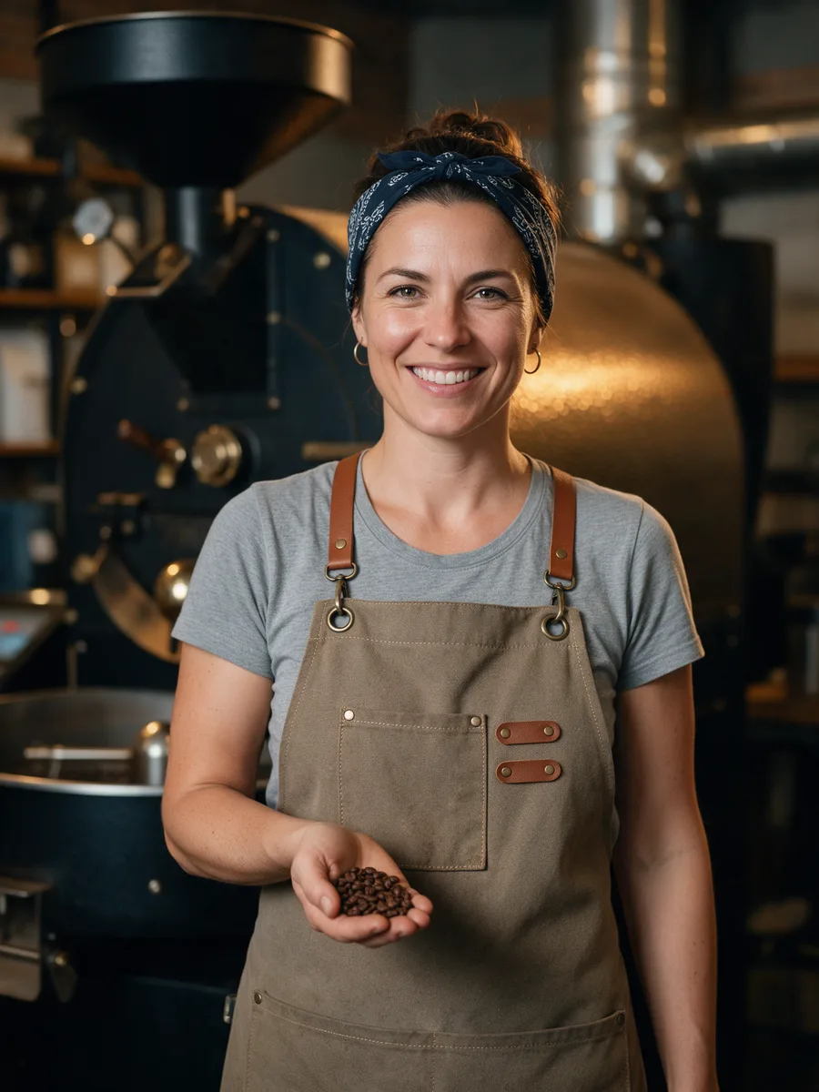 Ffion Rees, a head roaster in her thirties with a bandana and canvas apron, holding a handful of roasted beans