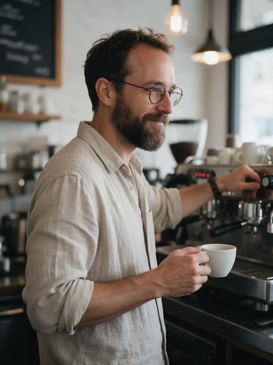 Marc Jenkins, a café owner in his forties with a beard and round glasses in a linen shirt, standing behind the espresso machine