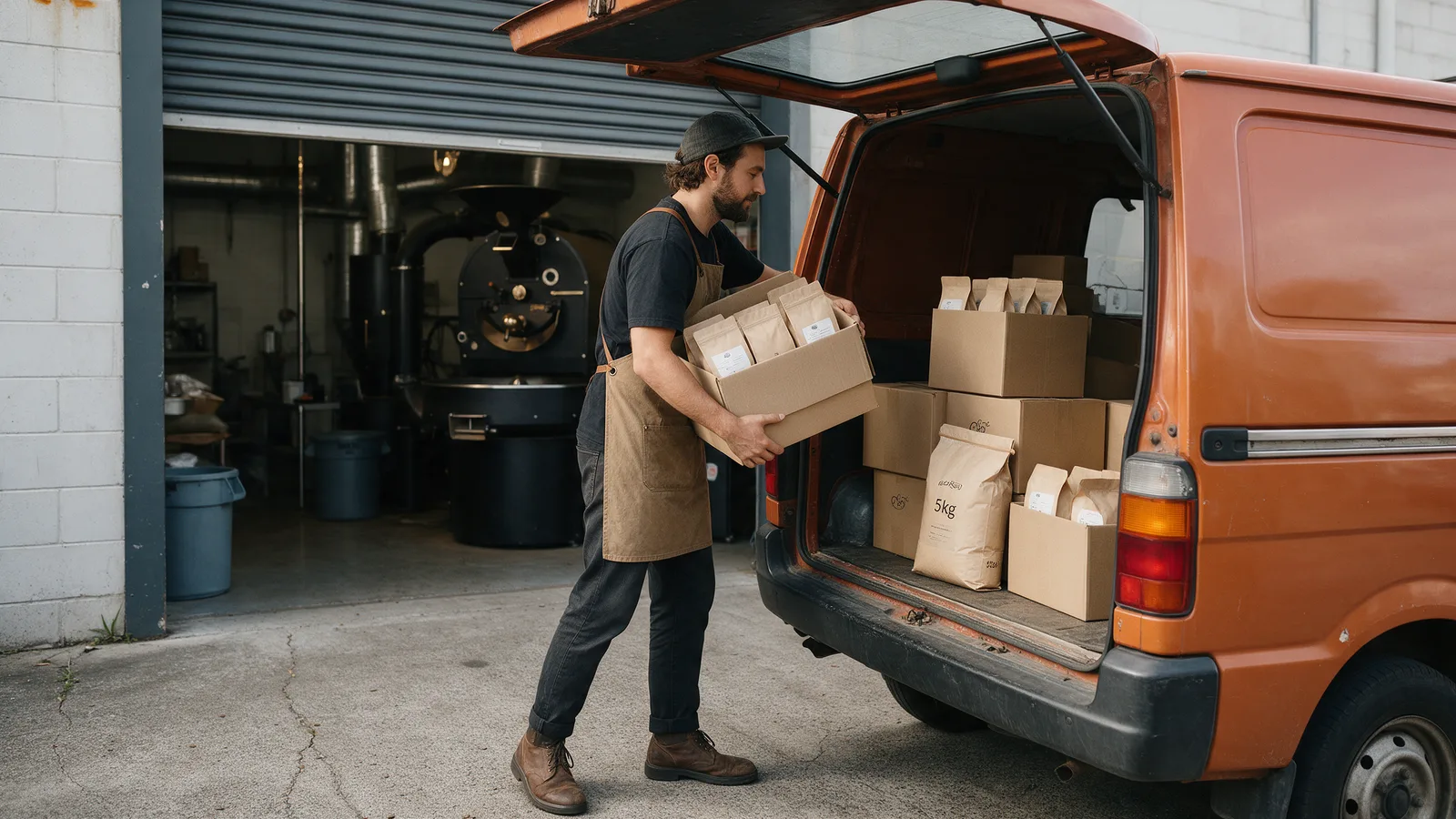 A barista loading boxes of coffee bags and a 5kg bag into the back of a small burnt-orange van outside the roastery