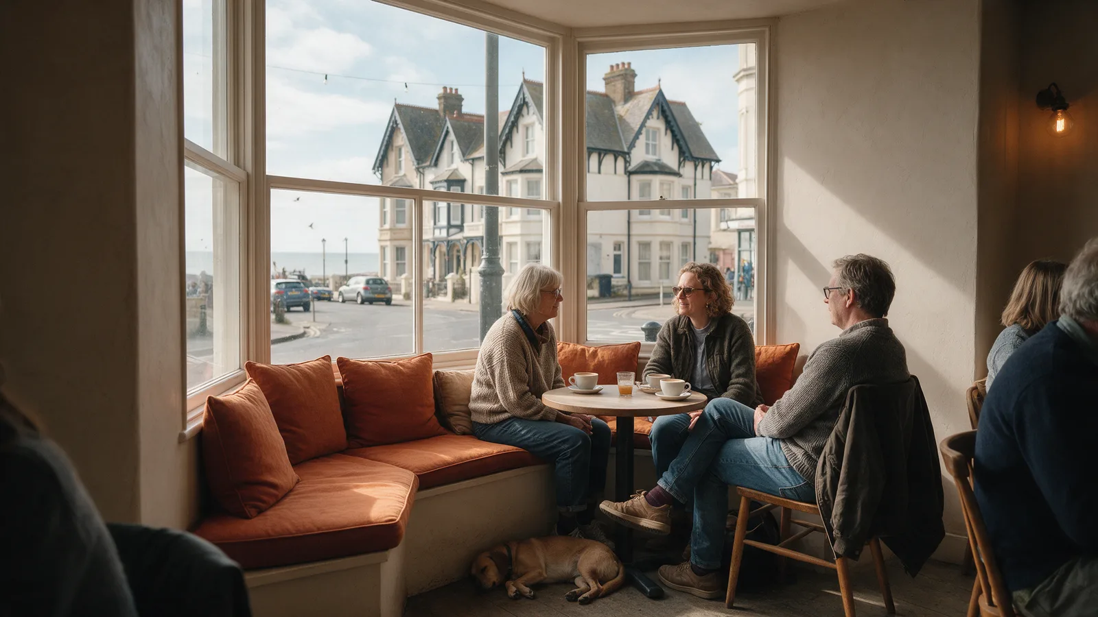 People chatting over coffee at the window seat while a dog sleeps under the table