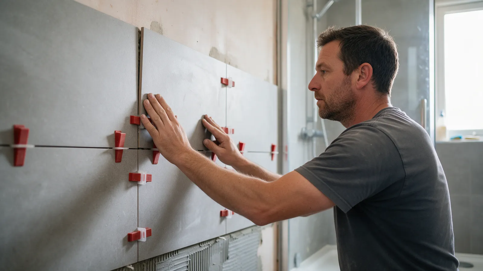 A tiler fixing large grey porcelain wall tiles in a shower enclosure with levelling clips, a tanking membrane visible at the base