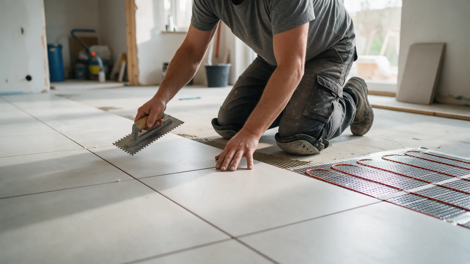 A tiler laying large pale porcelain floor tiles on a levelled floor with a notched trowel, an underfloor heating mat visible beneath the next row