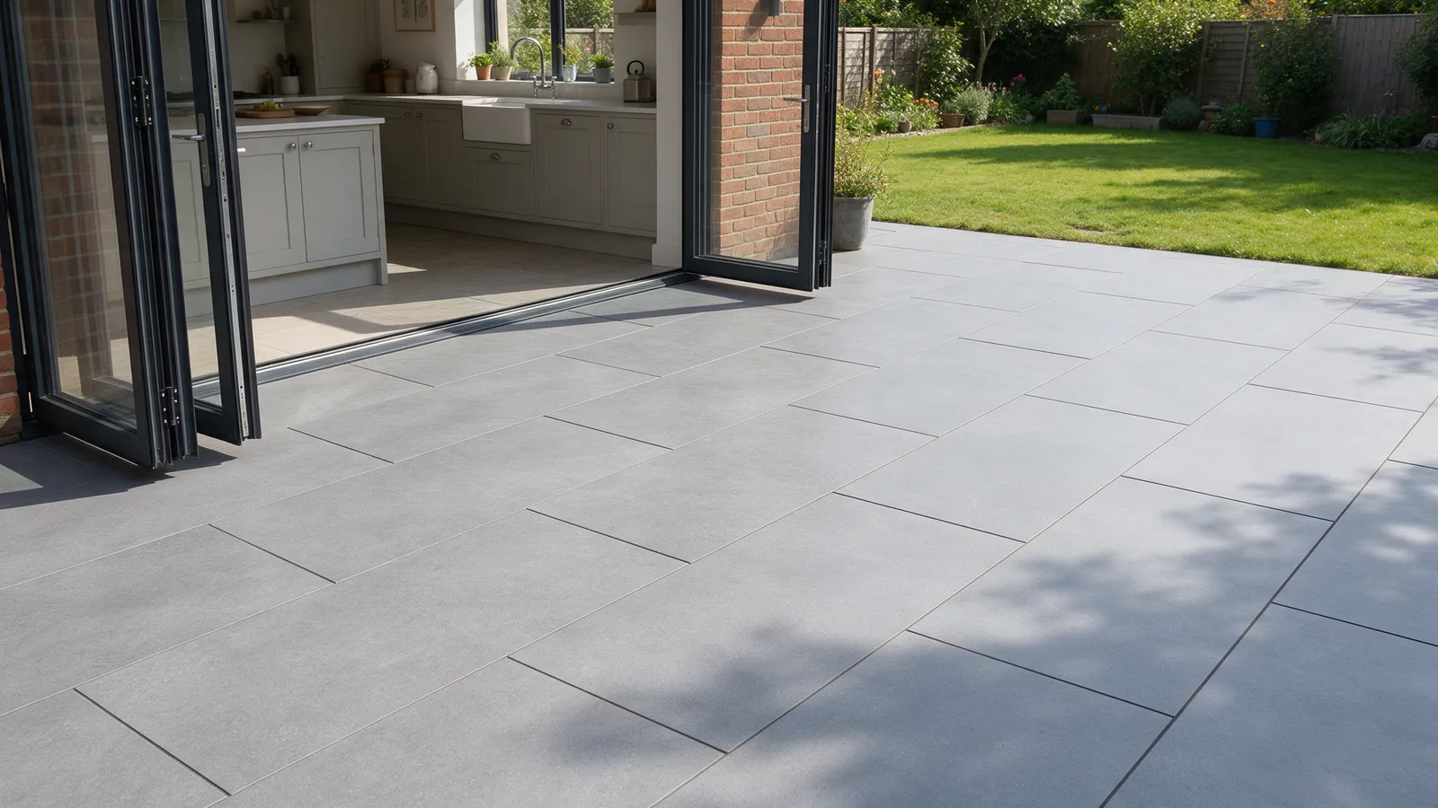A newly laid outdoor grey porcelain patio of large square slabs with tight joints, a garden lawn beyond and a bifold door to a kitchen