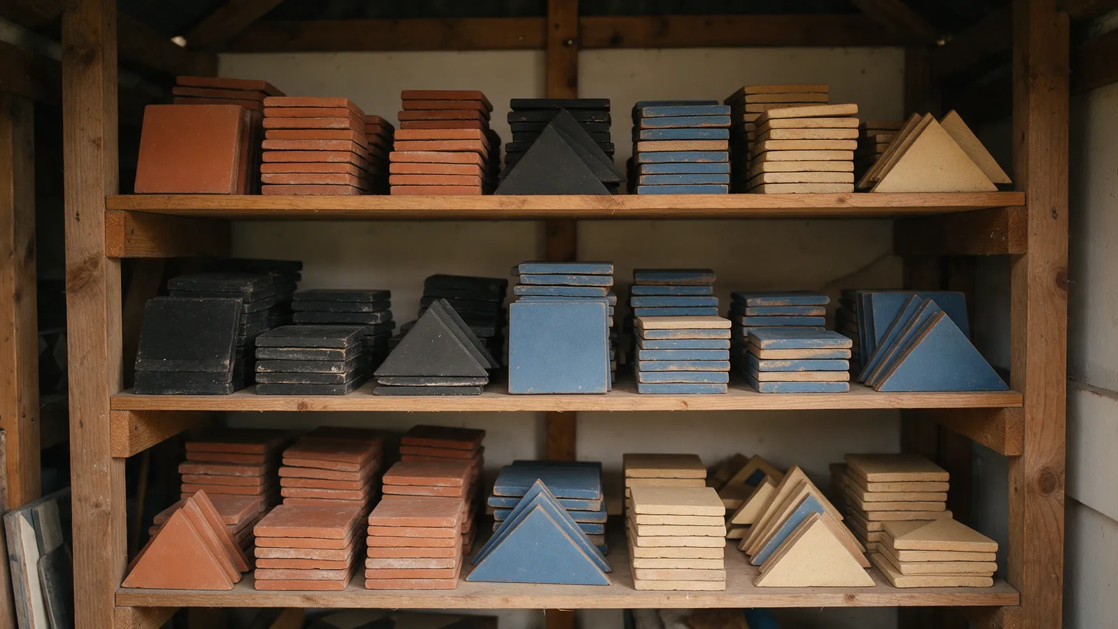 Shelves of reclaimed Victorian geometric floor tiles sorted by colour and shape in a wooden shed, terracotta, black, blue and buff