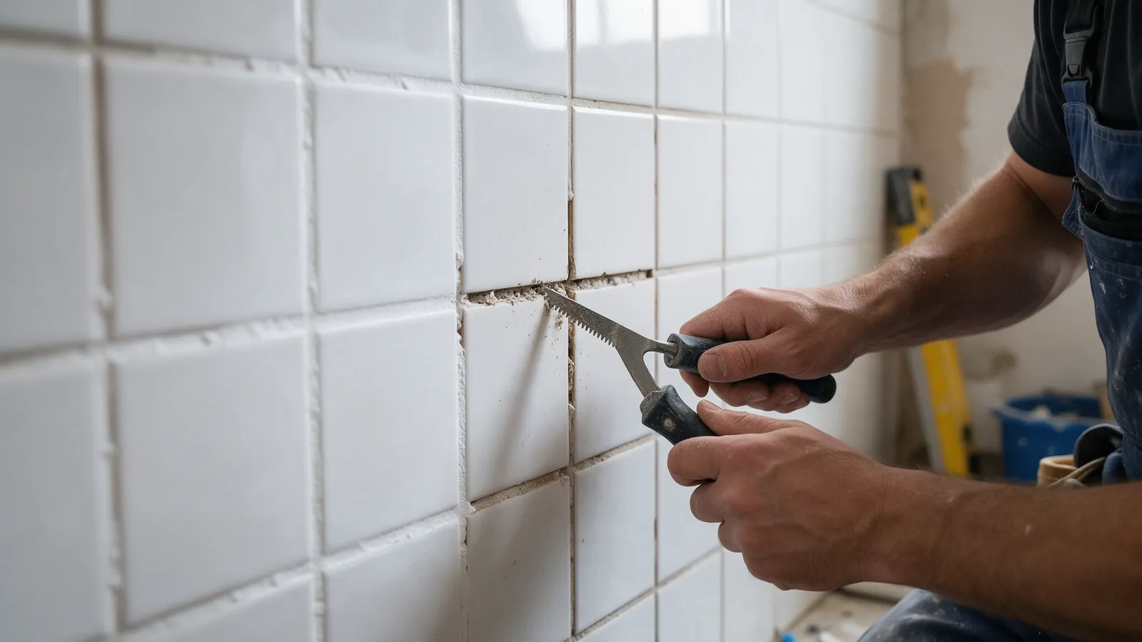 A close-up of a tiler raking out old discoloured grout between white wall tiles with a grout saw, half the wall already freshly regrouted in bright white