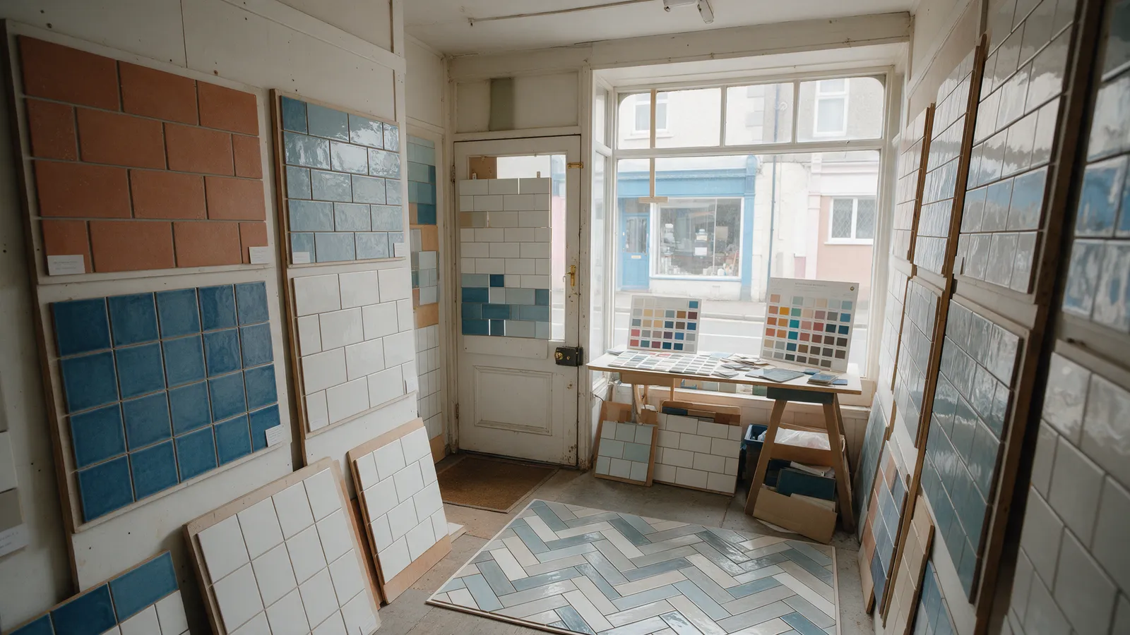 A small tile sample room with boards of terracotta, blue and white tiles and a herringbone sample laid on the floor
