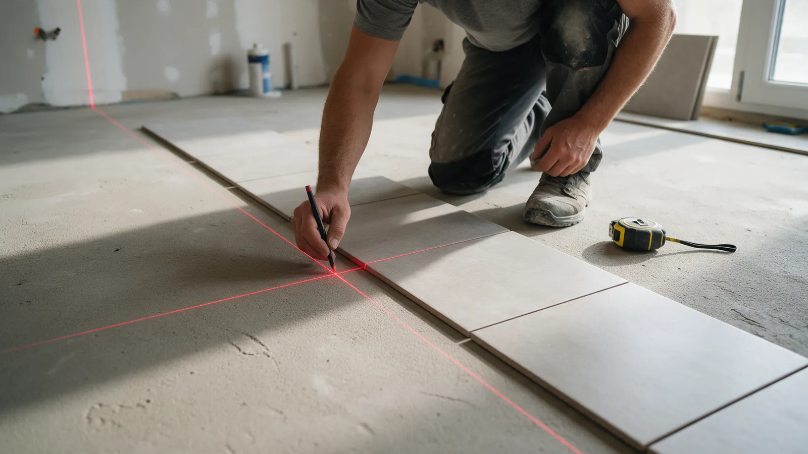 A tiler marking a set-out line with a red cross-line laser across a bare floor, a row of dry-laid tiles beside it