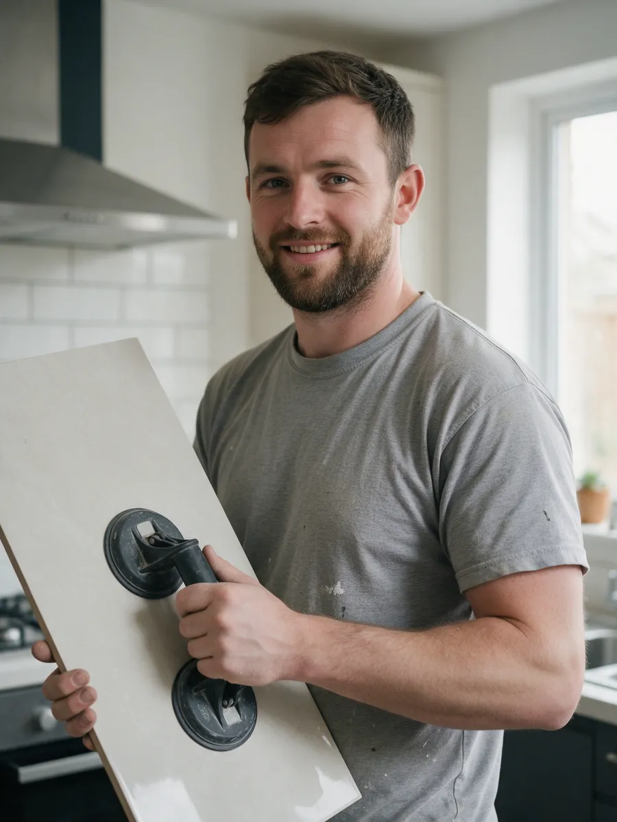 Jamie Morris, a tiler in his late twenties with a short beard, in a grey work t-shirt, holding a large porcelain tile on a suction lifter in a kitchen