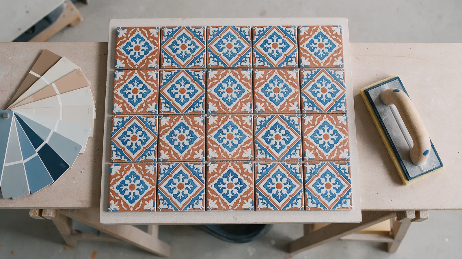 A sample board of terracotta, blue and white encaustic-style tiles laid out with grout colour cards and a rubber float