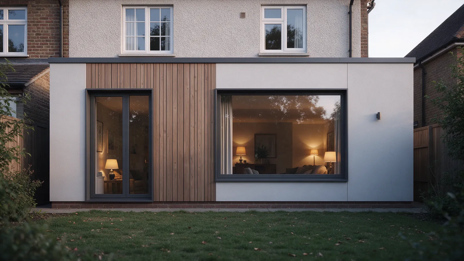 Slim anthracite aluminium windows and a large picture window in a modern rendered rear extension, lit warmly from inside at dusk