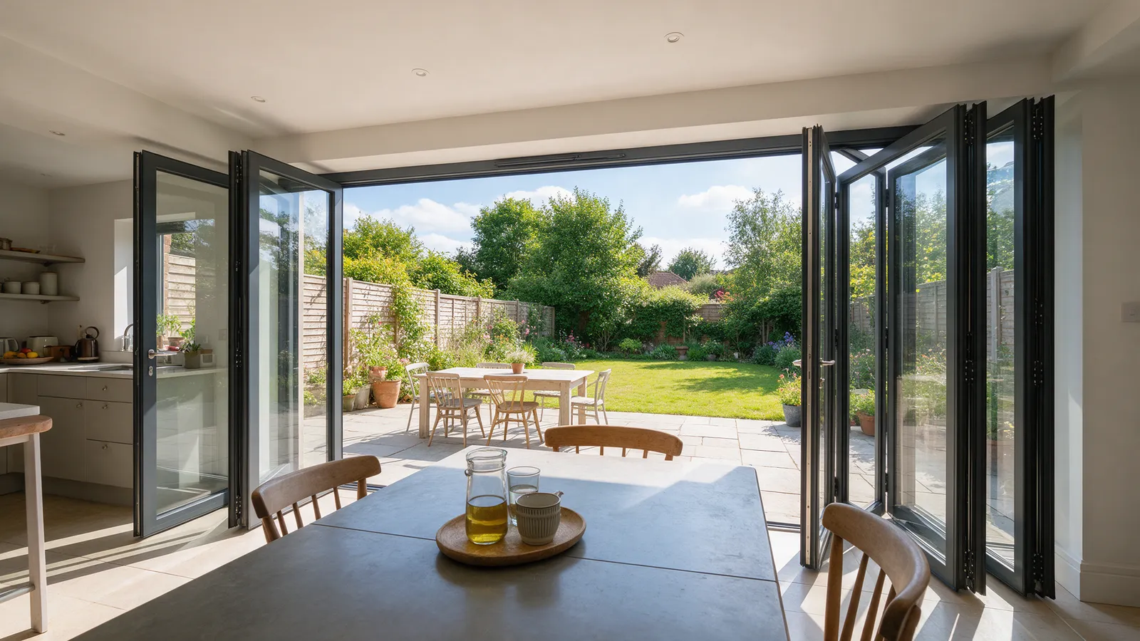 Anthracite aluminium bi-fold doors folded right back from a kitchen-diner to a patio and garden on a summer day