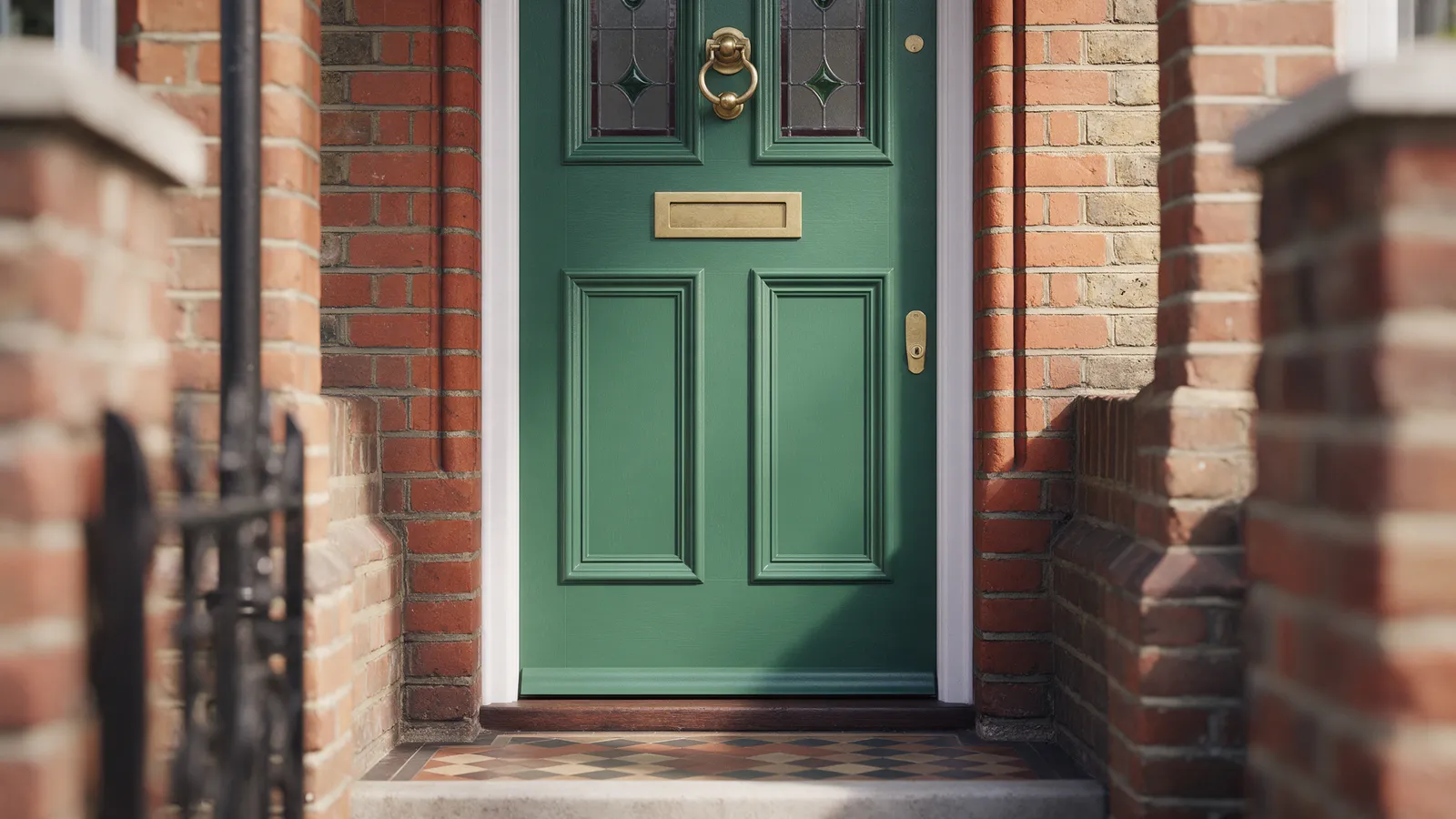 A heritage green composite front door with a brass letterbox, knocker and handle in a brick Victorian porch with a tiled step
