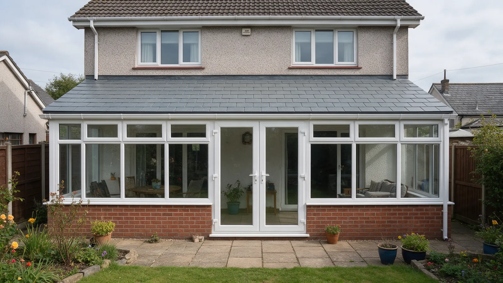 A conservatory on a 1990s house with a new slate-grey solid tiled roof over white uPVC frames, a patio in front