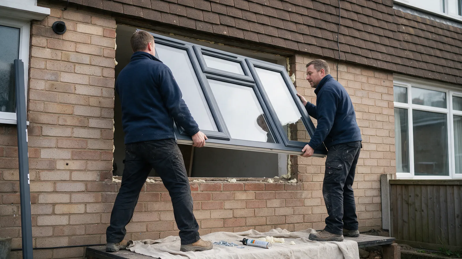 Two fitters lifting a new anthracite window frame into the opening of a brick semi
