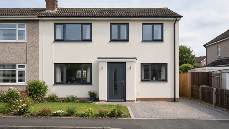 A 1970s semi-detached house in Cwmbran with a new anthracite grey composite front door and anthracite grey windows on both floors, pale render and a block-paved drive