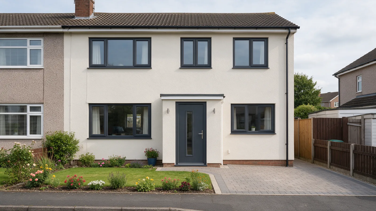 A semi-detached house with a new anthracite composite door and anthracite windows