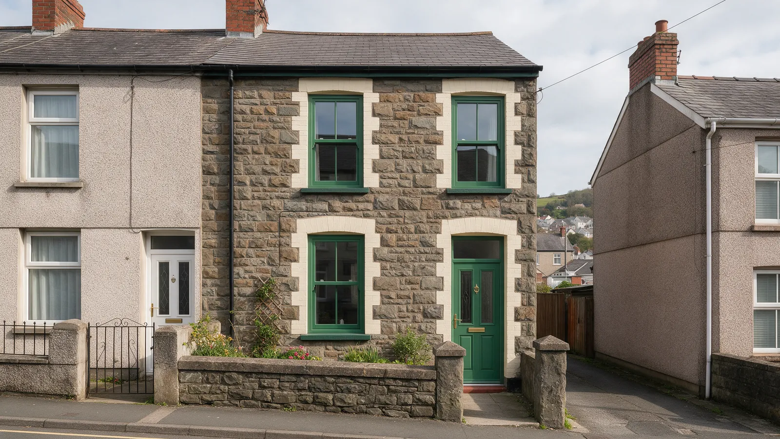 Heritage green uPVC sash windows on a Victorian stone terrace