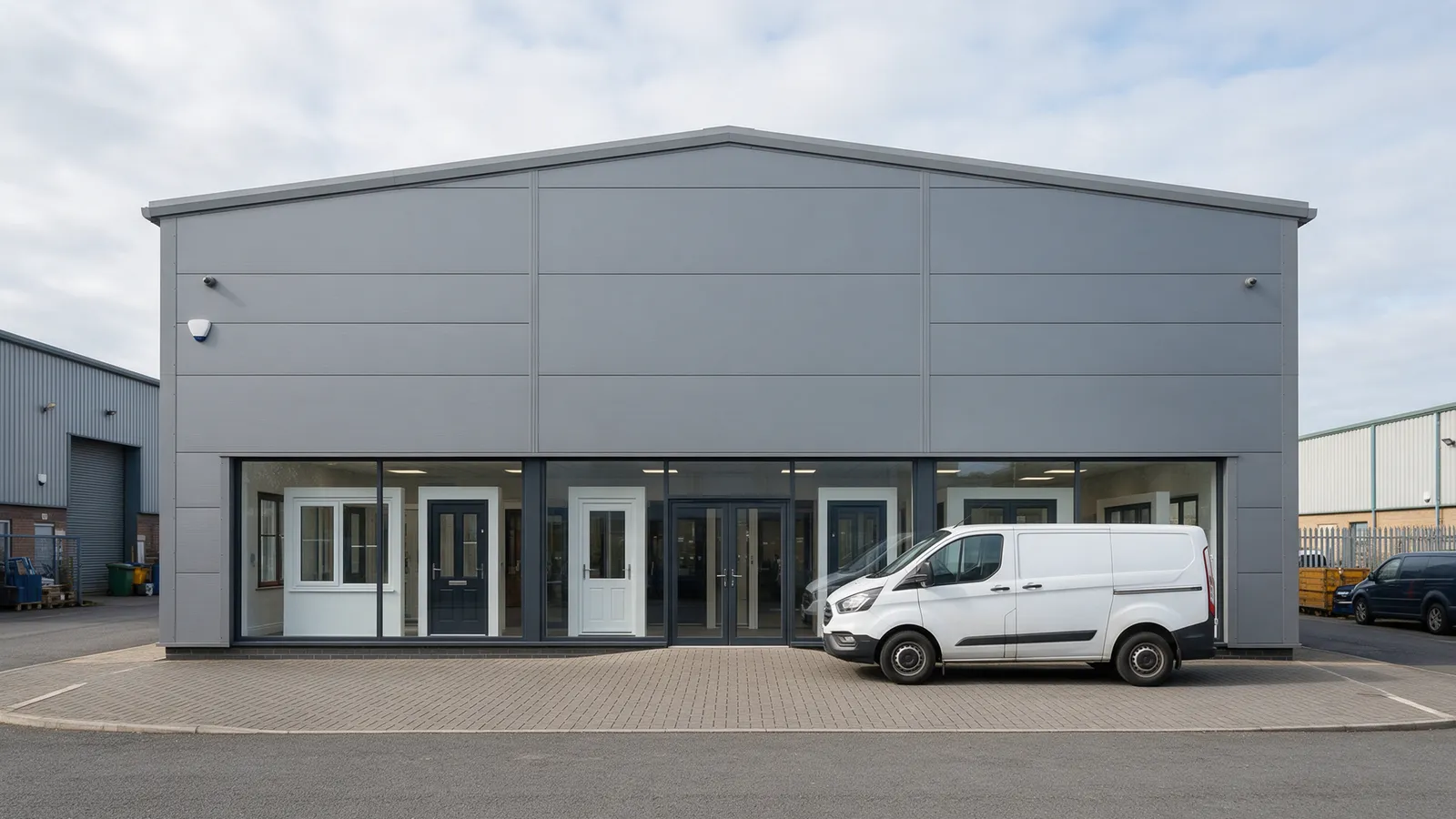 The grey window showroom and workshop unit with a glass front on the Avondale Industrial Estate
