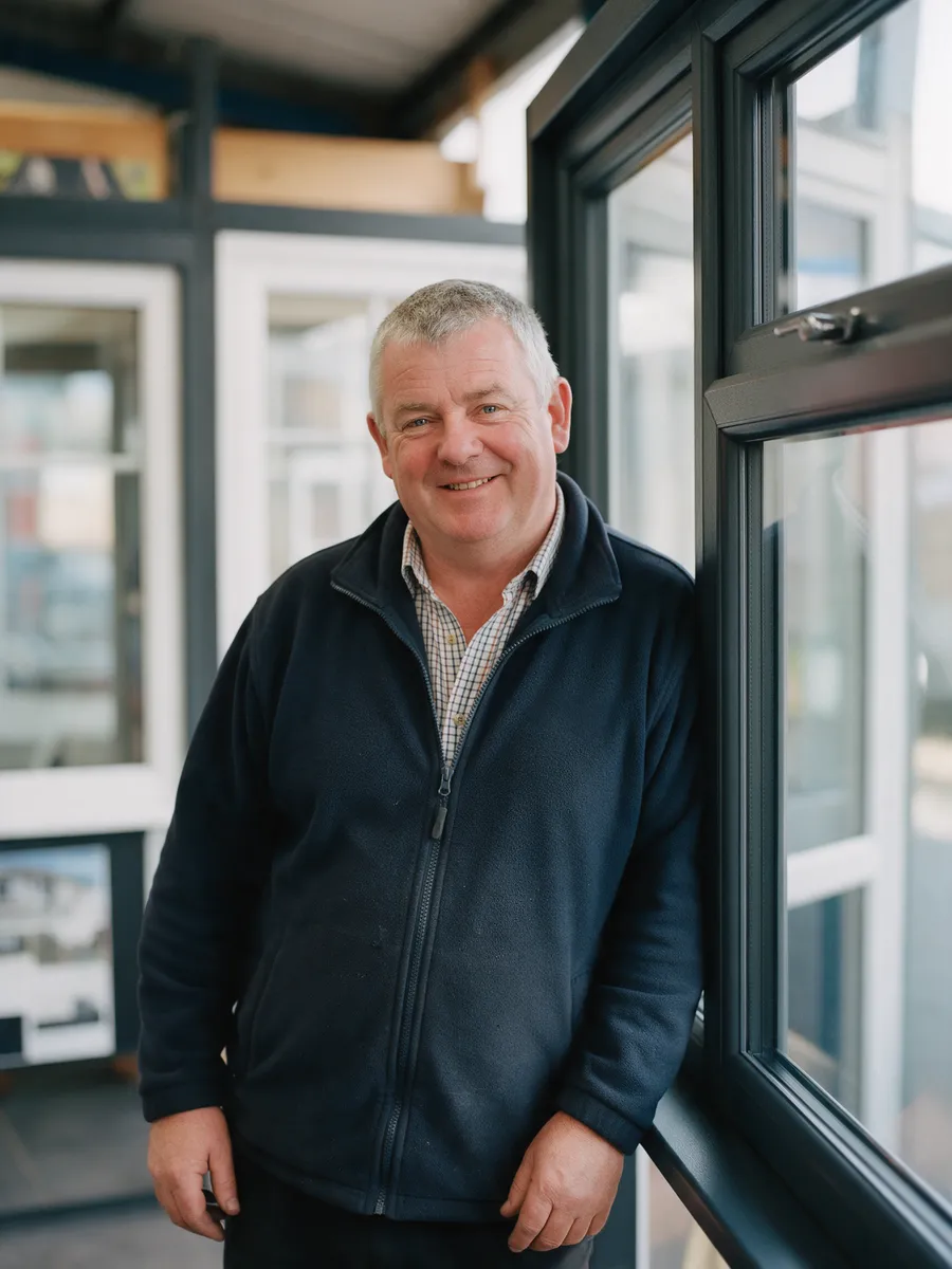 Aled Morgan, a broad Welsh man of about fifty-five with short grey hair, in a navy fleece, beside a sample anthracite window in the showroom