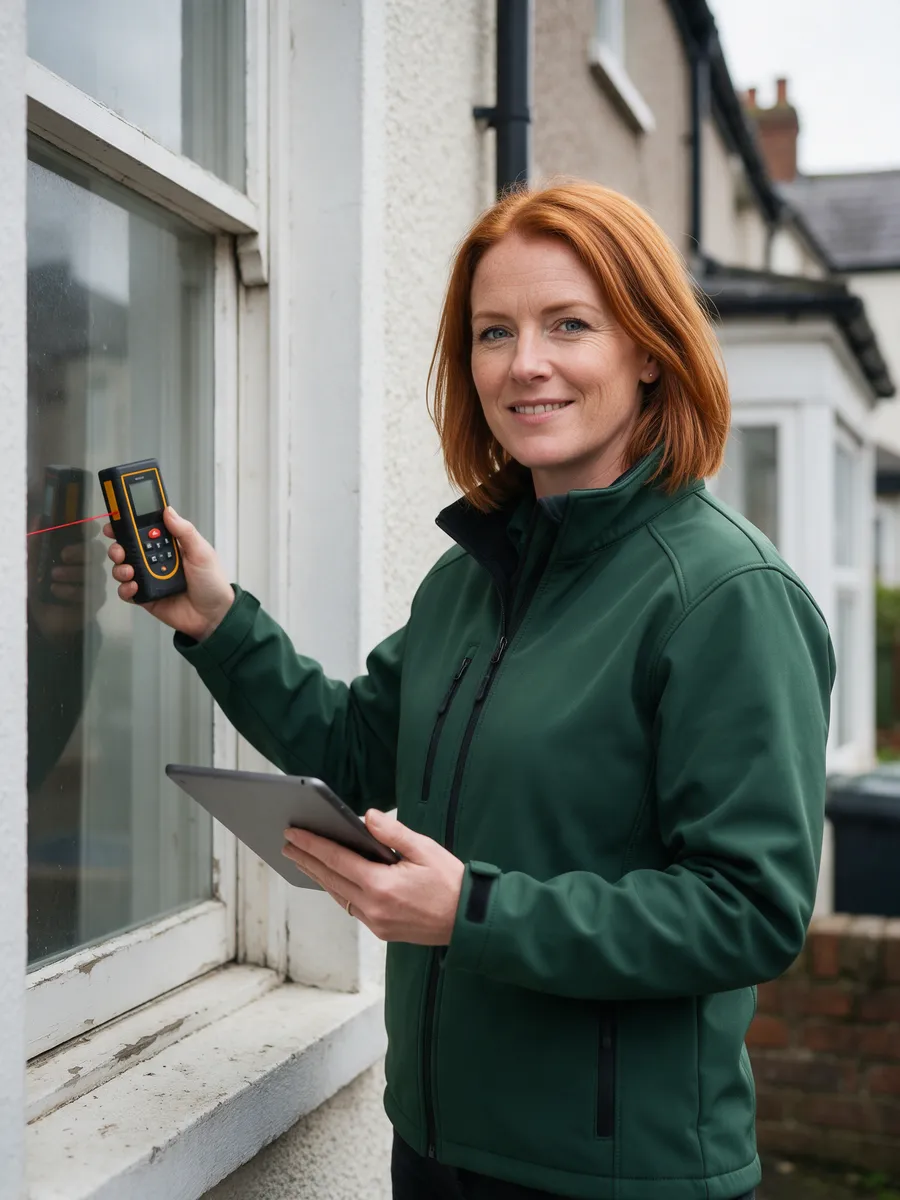 Kerry Price, a Welsh woman of about forty with auburn hair, in a green softshell jacket, holding a laser measure and a tablet outside a terraced house
