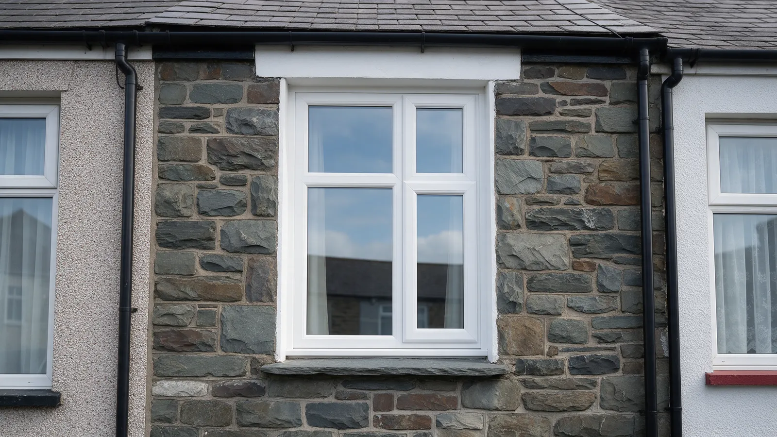 New white uPVC casement windows on the front of a Welsh stone terraced house, the glass reflecting the sky, a slate sill below