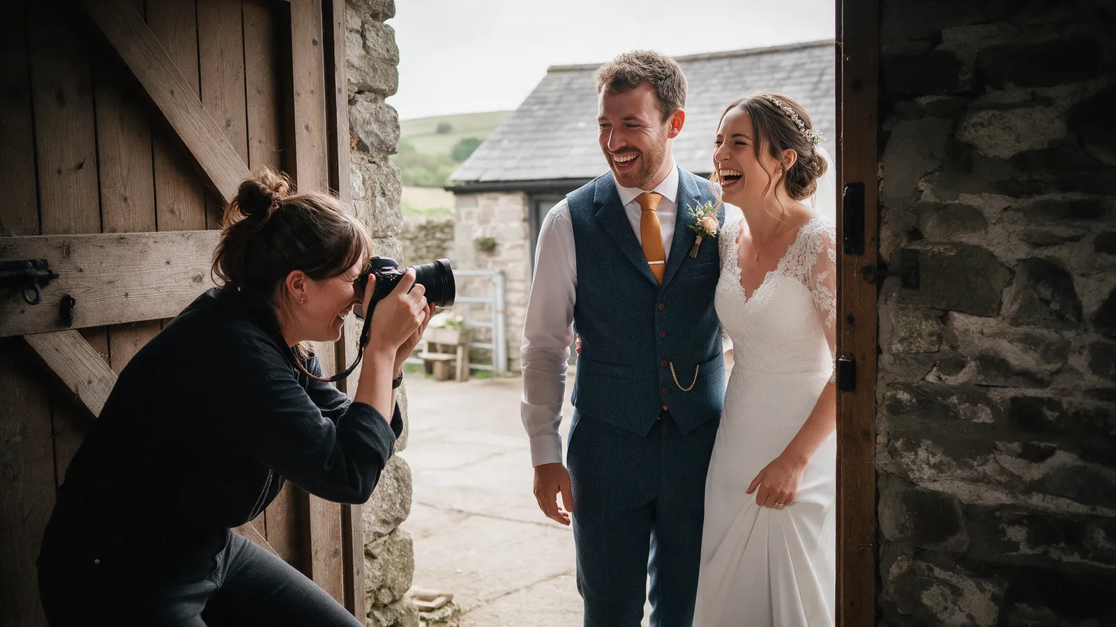 A photographer crouching low to photograph a laughing couple in a stone barn doorway, camera raised, soft daylight