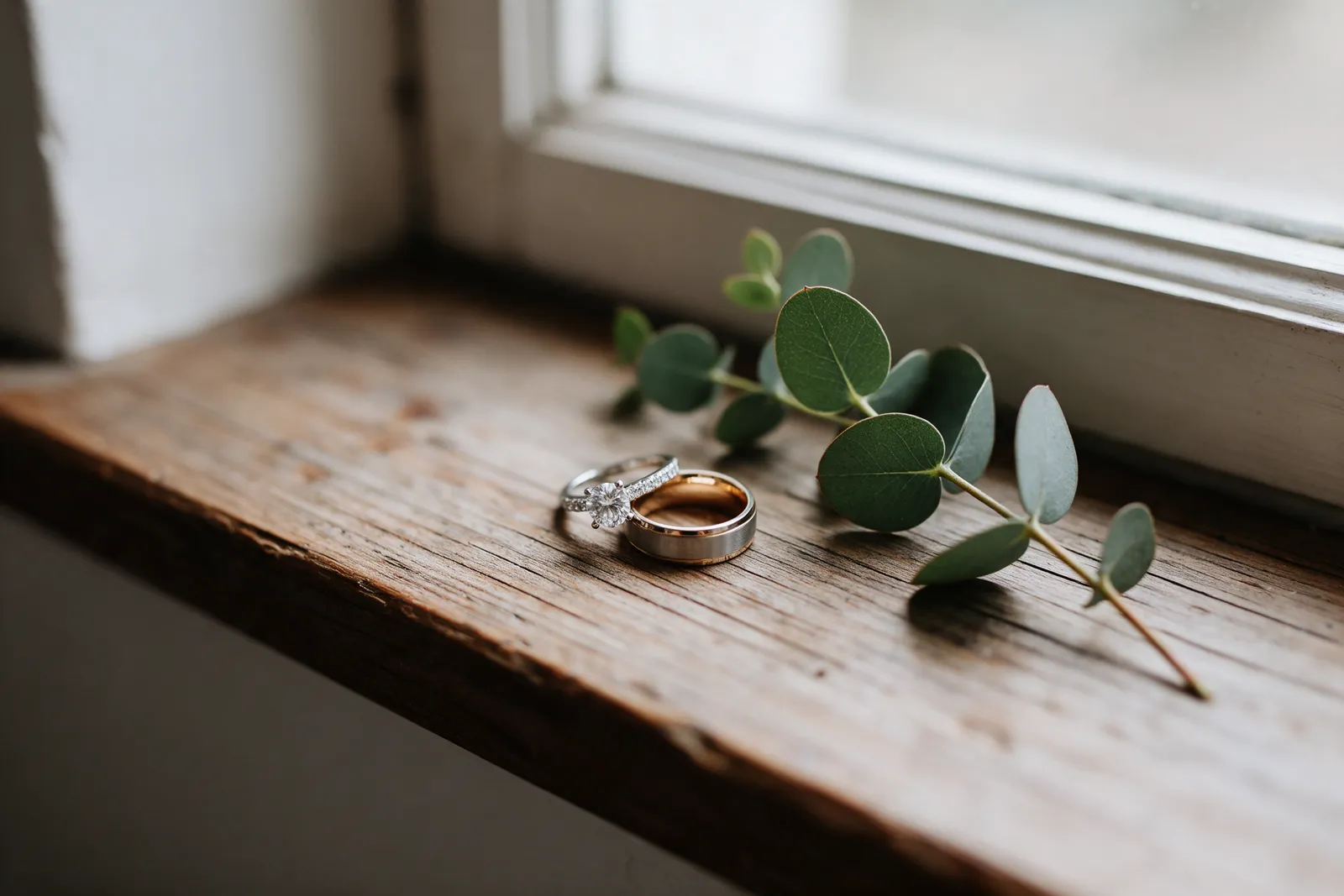 Two wedding rings on a weathered wooden windowsill with a sprig of eucalyptus in soft window light