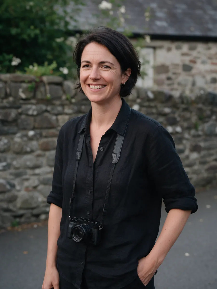 Anwen Morgan, a Welsh woman in her mid-thirties with short dark hair and a camera on a strap across her chest, in a black linen shirt by a stone wall