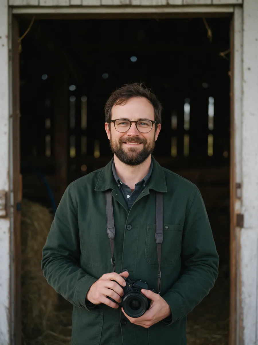 Rhys Morgan, a man in his late thirties with a beard and glasses, a camera in hand, in a dark green jacket in a barn doorway