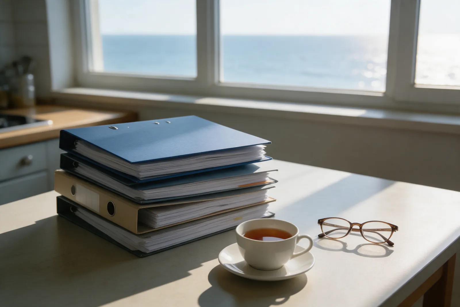 A neat stack of folders, a cup of tea and reading glasses on a kitchen table in soft morning light, a window with a sea view behind