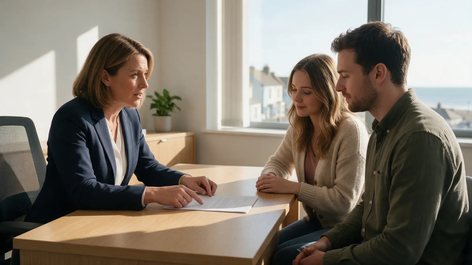 A solicitor in her forties in a navy blazer sitting across a light oak desk from a young couple, explaining a document, in a bright office with a glimpse of the sea outside