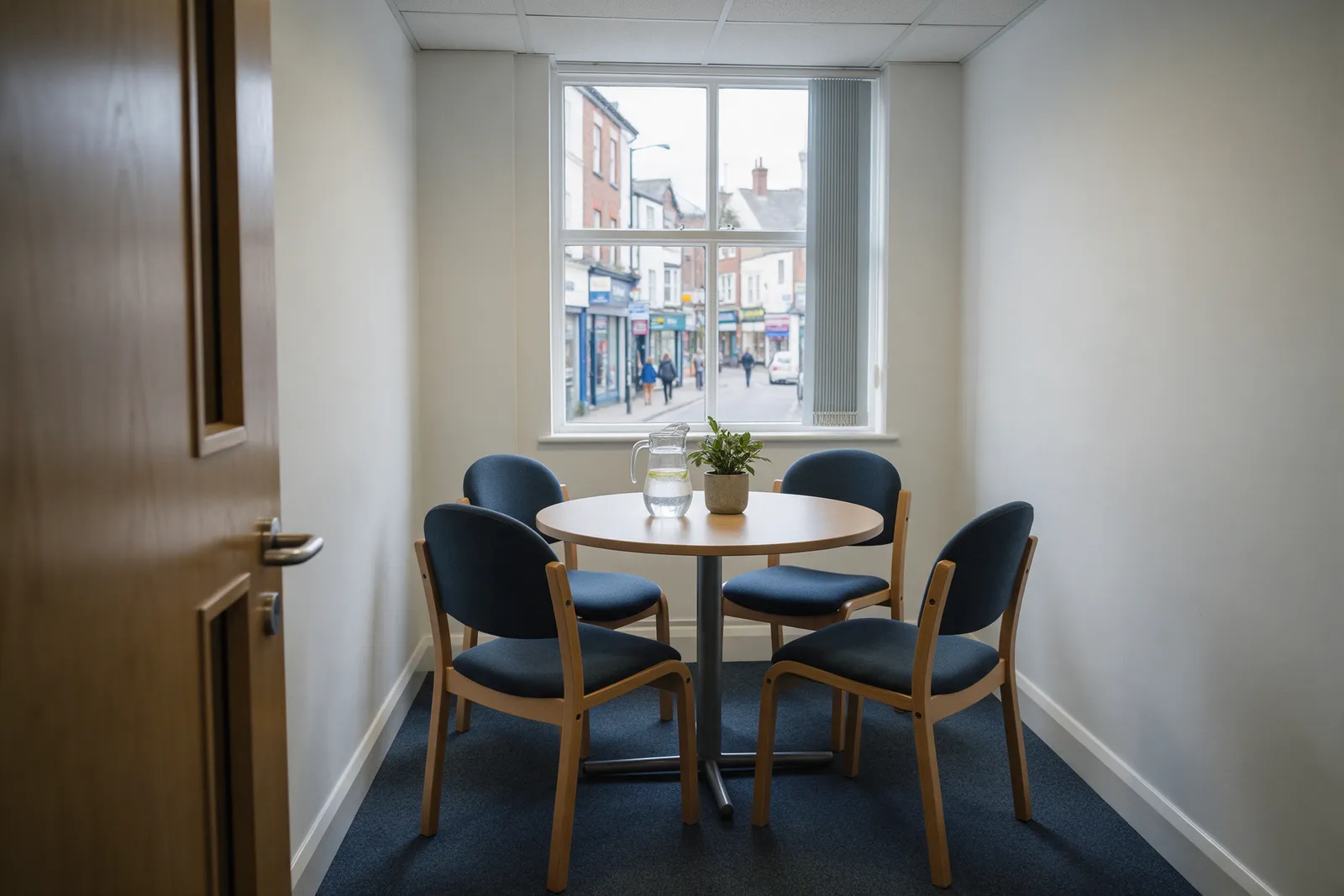 A small bright meeting room in a solicitor's office with a round table, four chairs, a jug of water and a window onto a high street