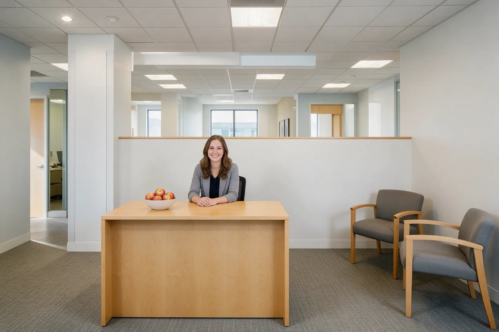 A modern reception area in a small law firm with a light wood desk, a receptionist in her twenties, two armchairs and a bowl of apples
