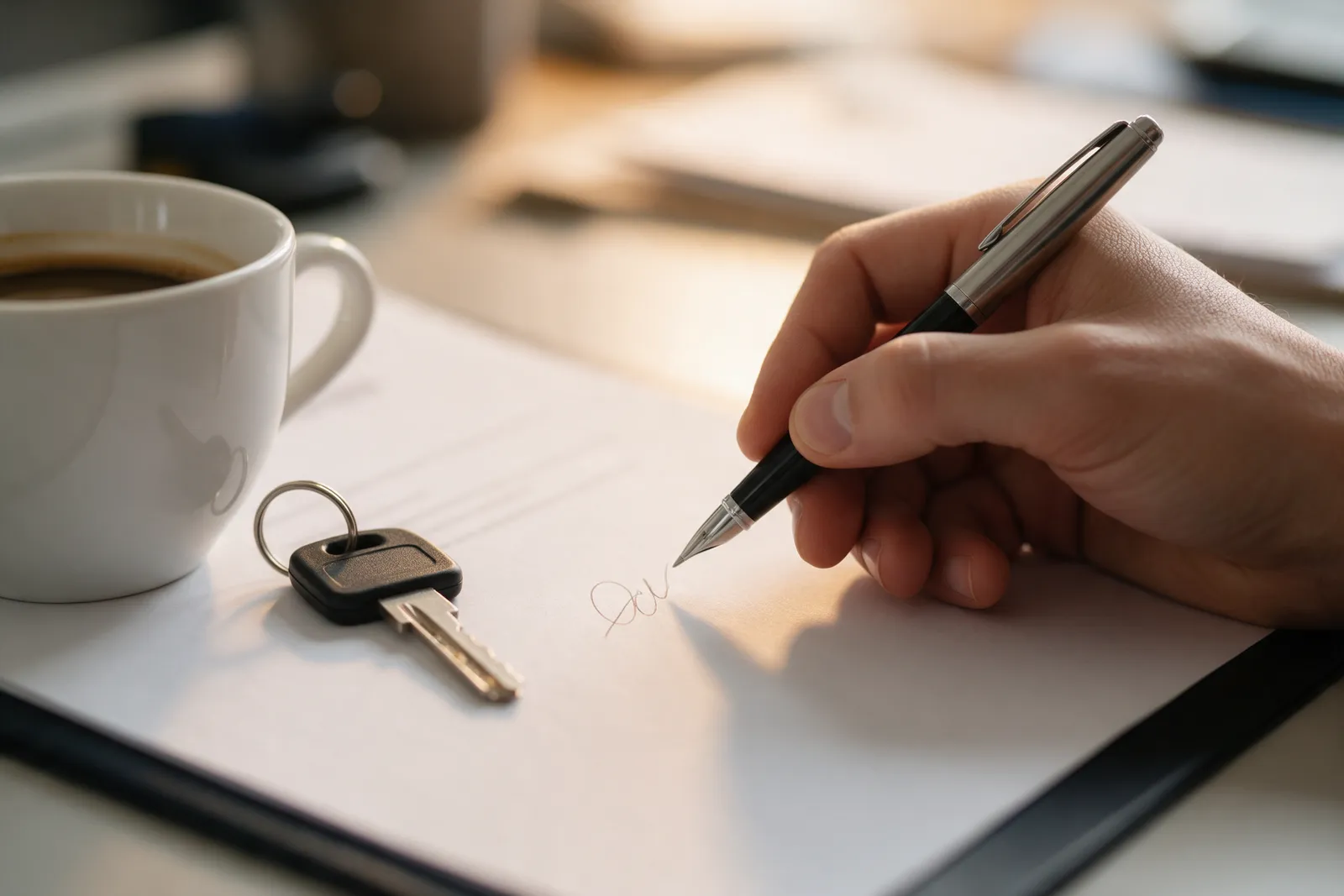 A close-up of a hand with a pen signing a document on a desk, a house key and a cup of coffee beside it
