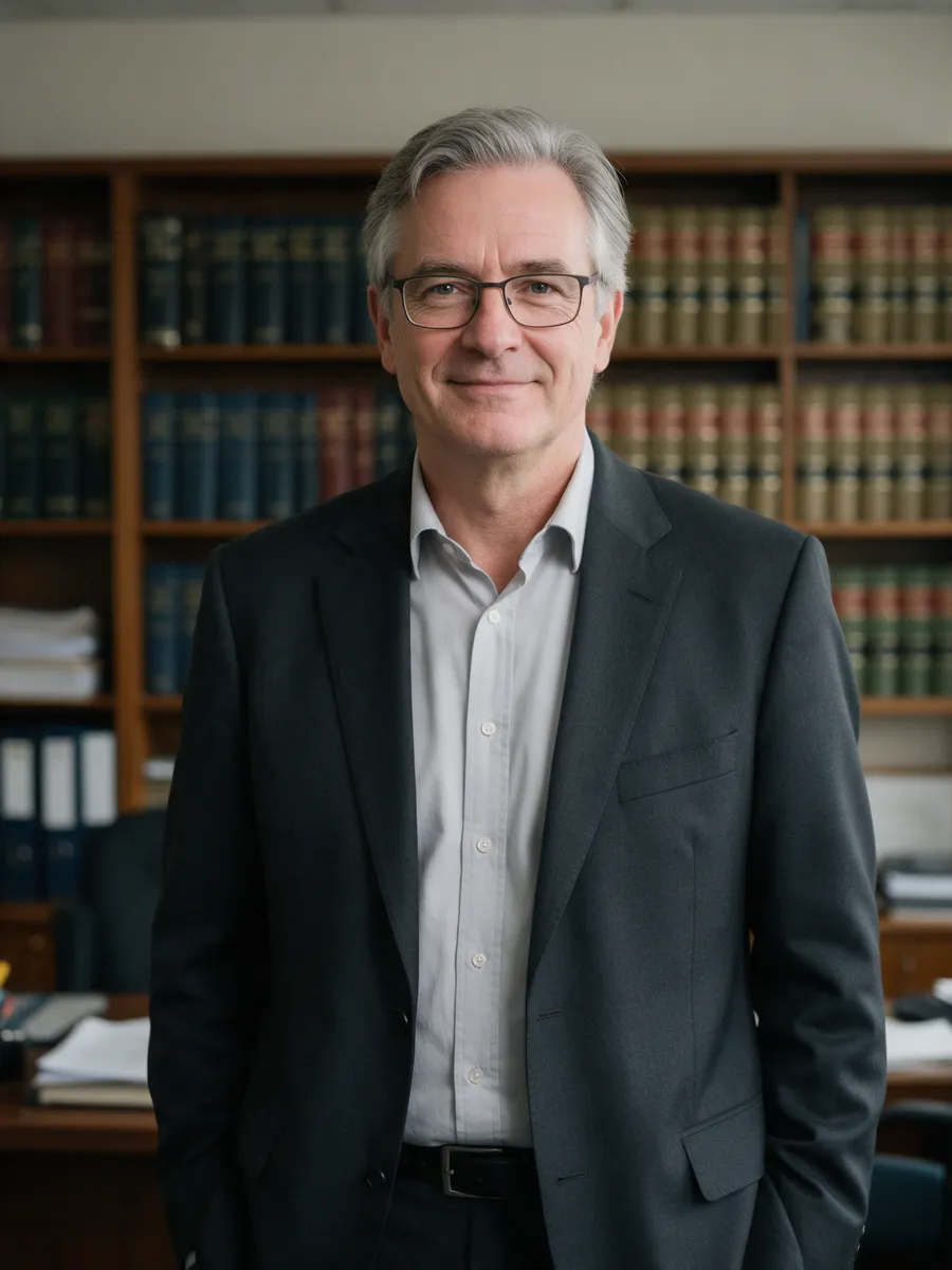 Gareth Bowen, a man in his late fifties with grey hair and glasses in a charcoal suit and open-collar shirt, standing in front of bookshelves in a solicitor's office