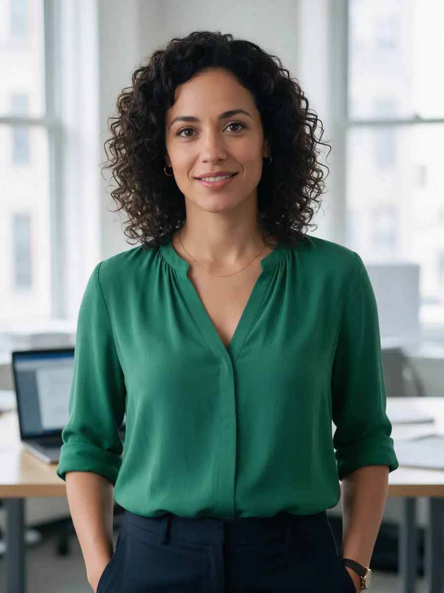 Lowri Evans, a woman in her early thirties with dark curly hair in a green blouse, standing in a bright office with a laptop on the desk behind her