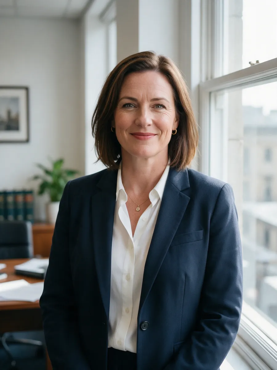 Rhian Harris, a woman in her mid-forties with shoulder-length brown hair in a navy blazer and white shirt, standing in a bright modern law office by a window