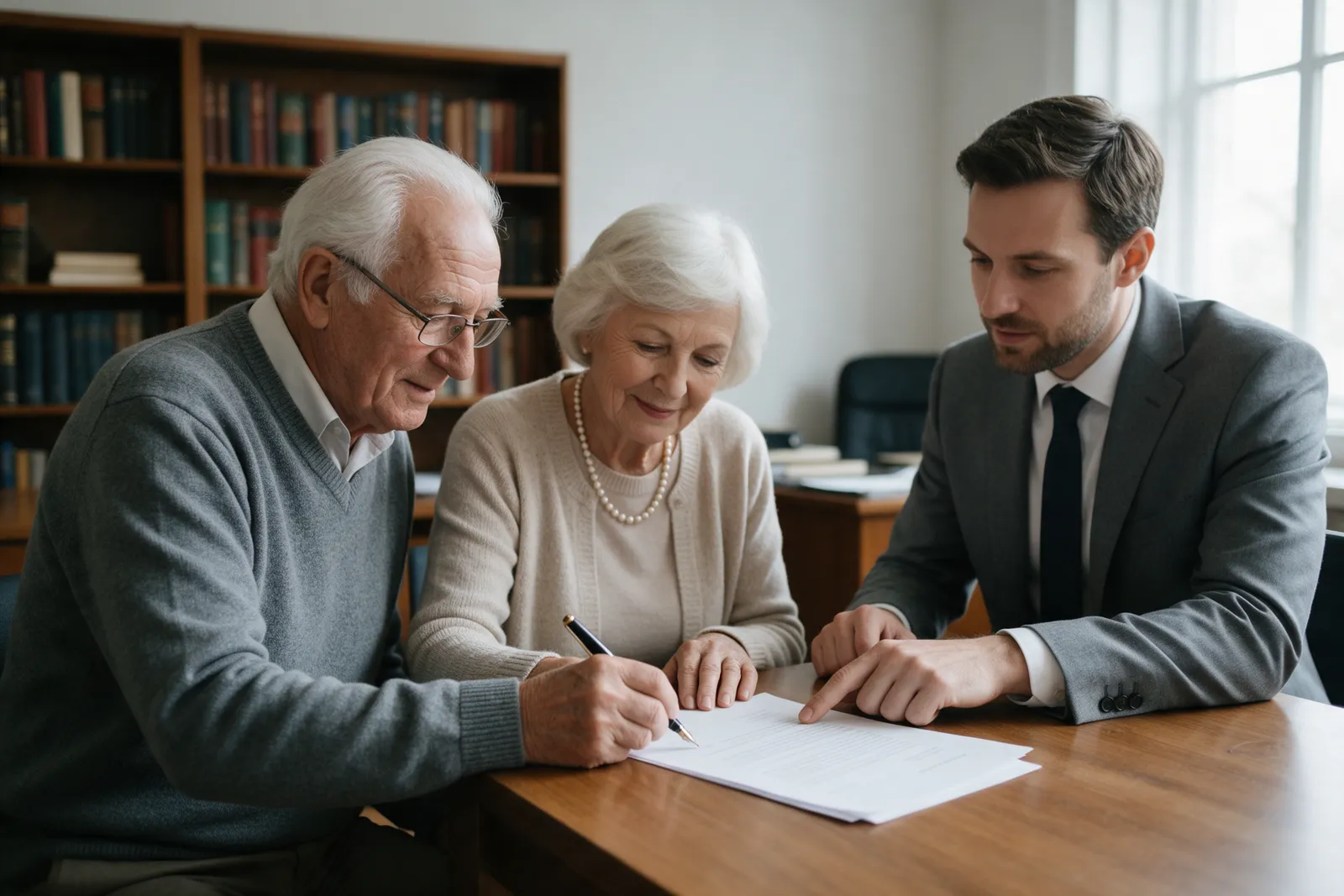An elderly couple at a wooden table signing a document with a fountain pen while a solicitor in a grey suit looks on and points to the page