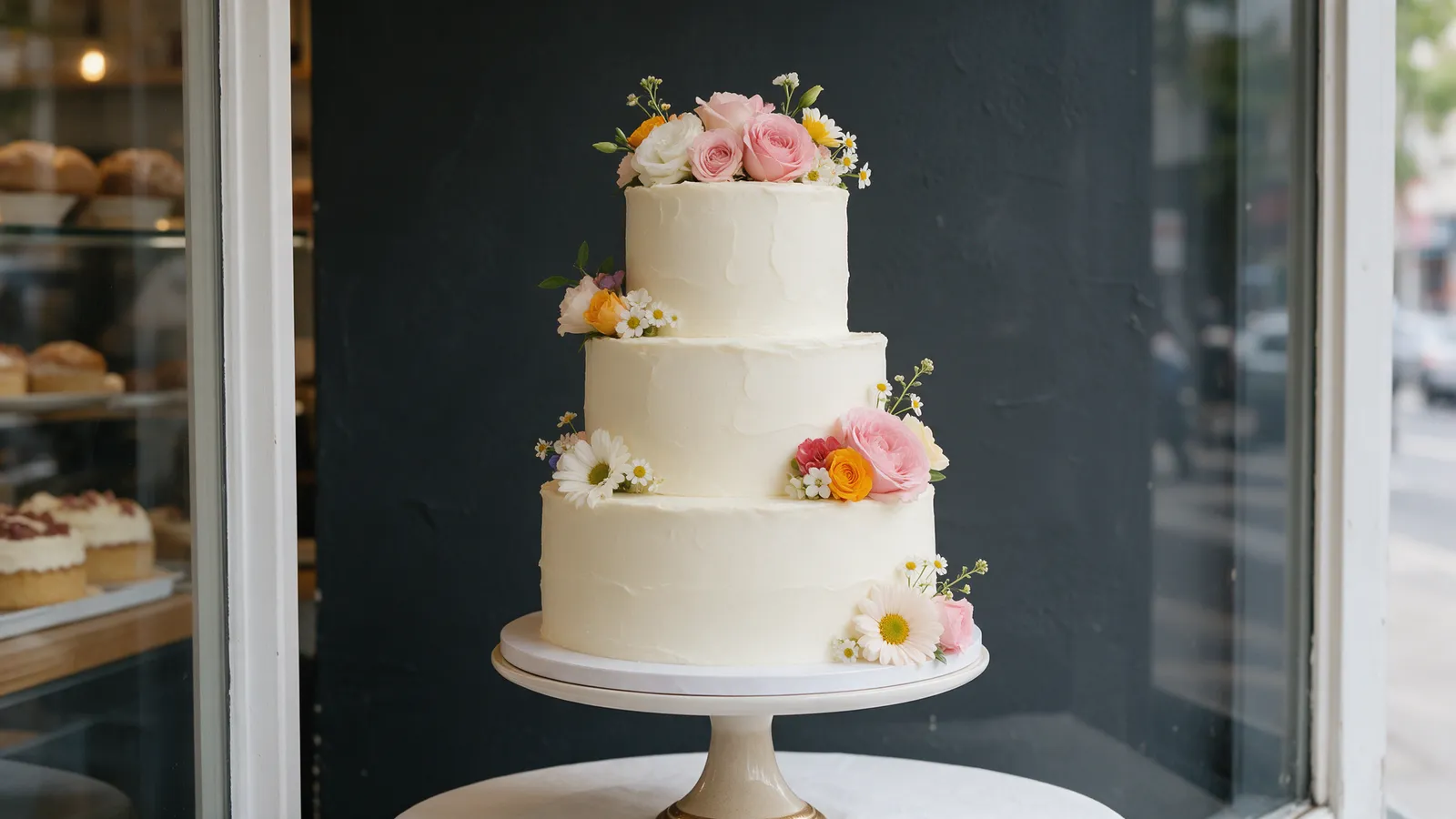 A three-tier celebration cake with white buttercream and fresh flowers on a stand in the bakery window
