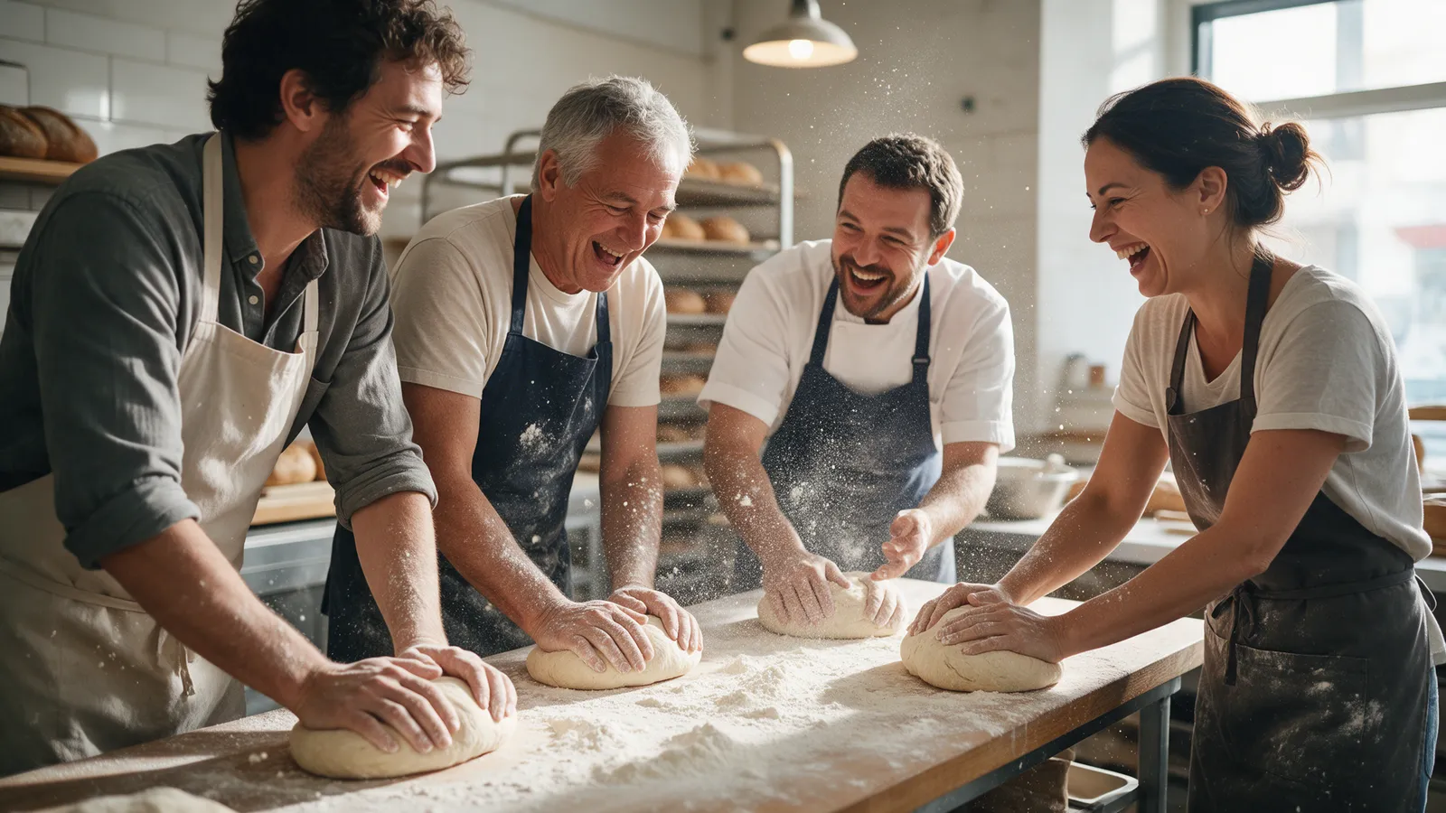 Four adults at a wooden bench kneading dough with a baker instructing, aprons on and flour everywhere