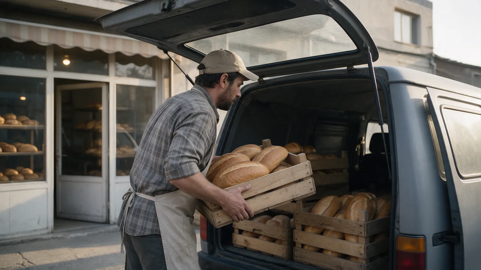 Wooden crates of bread being carried into the back of a small grey van outside the bakery in the early morning